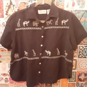 Lemon Grass XL Black Beaded Safari Animals Linen Cotton Button Collared Shirt